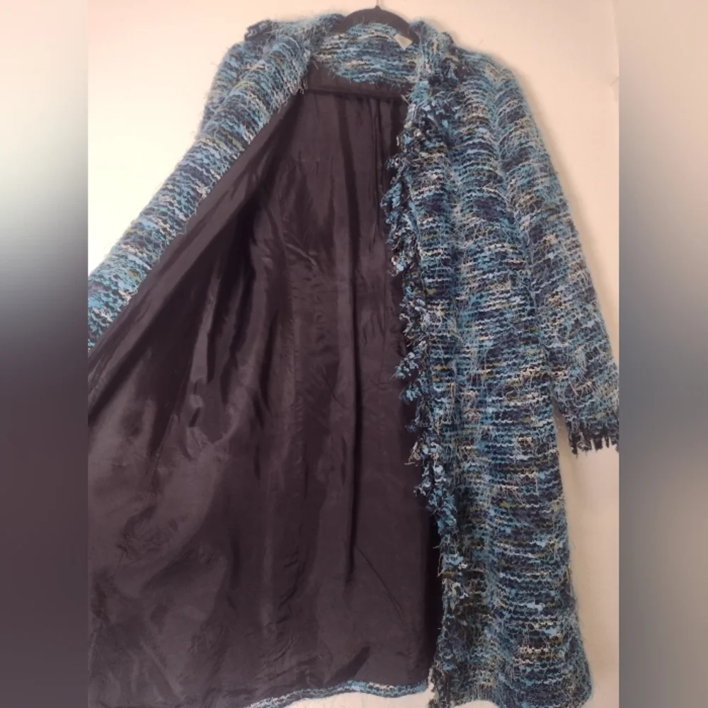 Laura Ashley Y2K Boucle Eyelash Fringe Coat Blue Green Black Stripe Size M